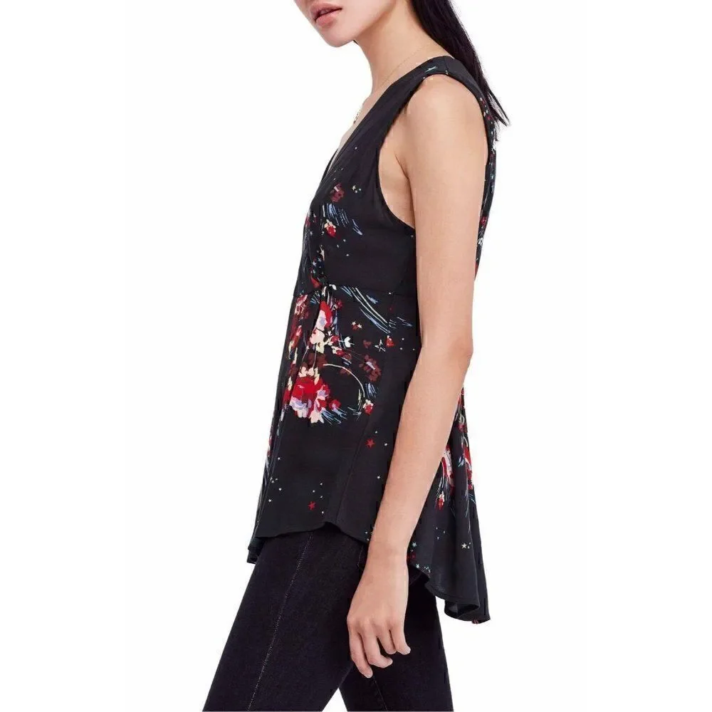 Free‎ People Black Floral Surplice Wrap Blouse Top XS NEW